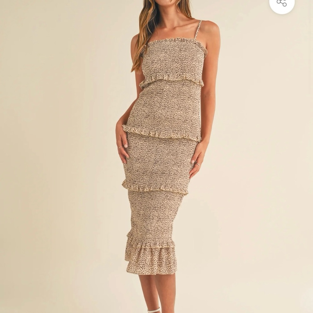 MABLE Tan Sheath Midi Dress with Smocked Tiers